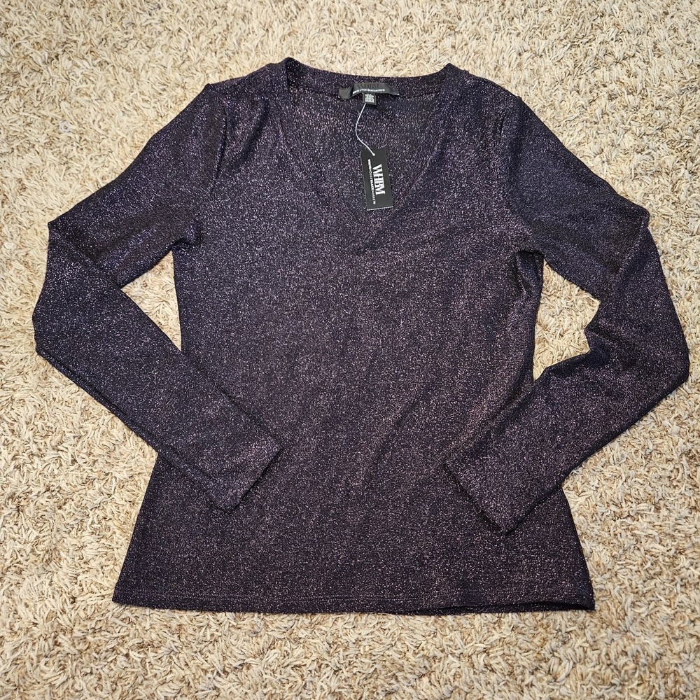White House Black Market Womens Plum Noir Metallic LS Sparkle Knit Top Sz XS NWT